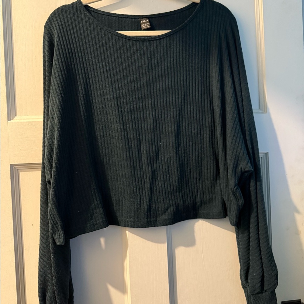 SHEIN Dark Green Ribbed Oversized Crop Sweatshirt